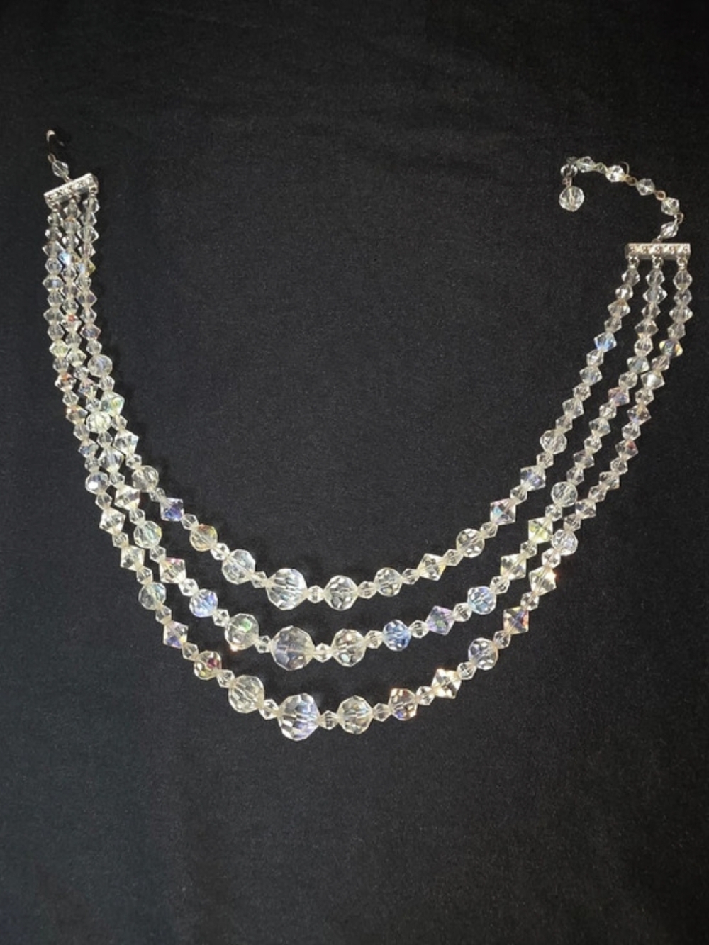 Vintage 1950s Triple Strand Aurora Borealis Crystal Graduated Bead Necklace